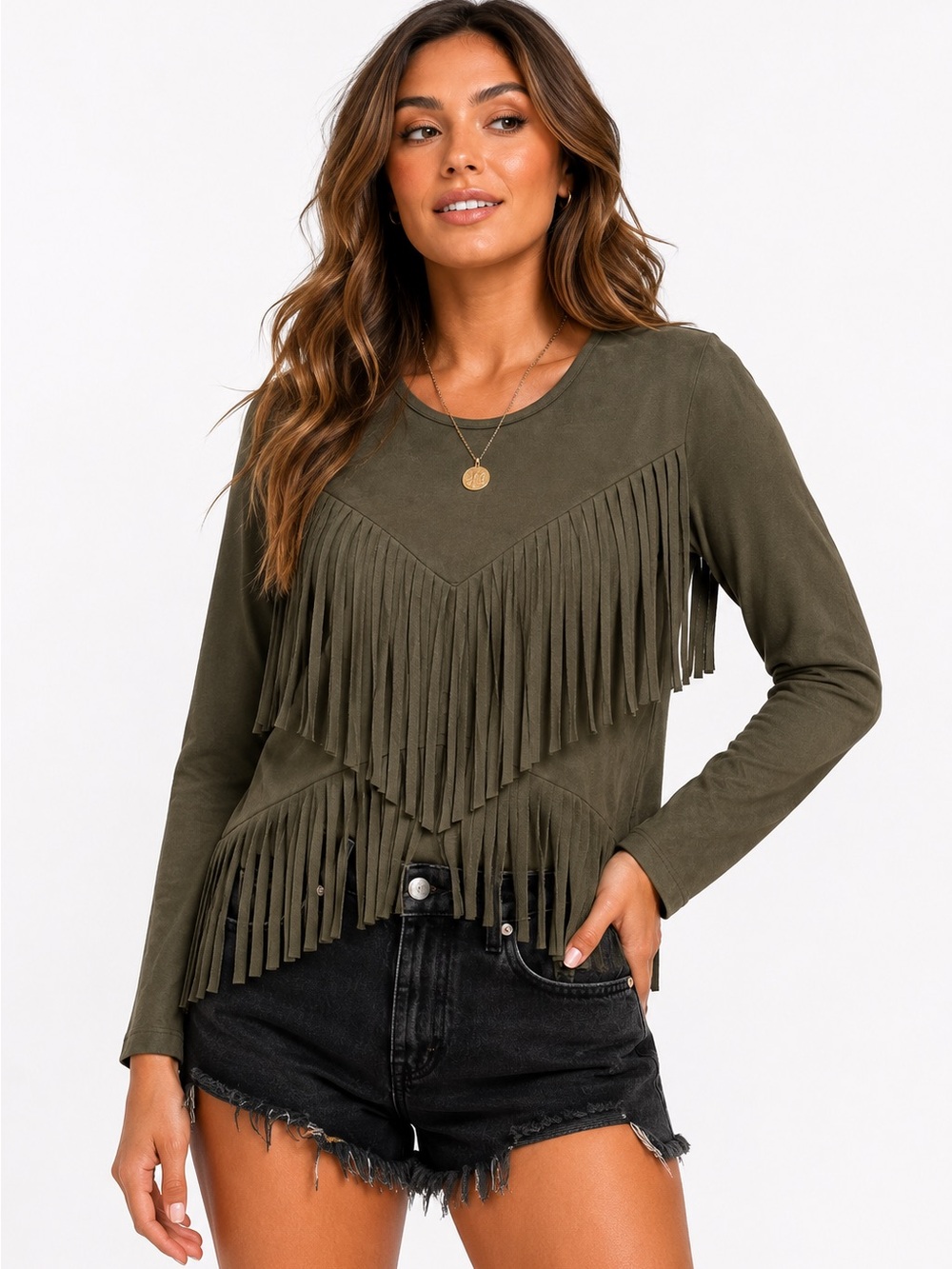 Forever 21 Fringe Faux Suede Top Olive Green Stretch Long Sleeve Western Boho M